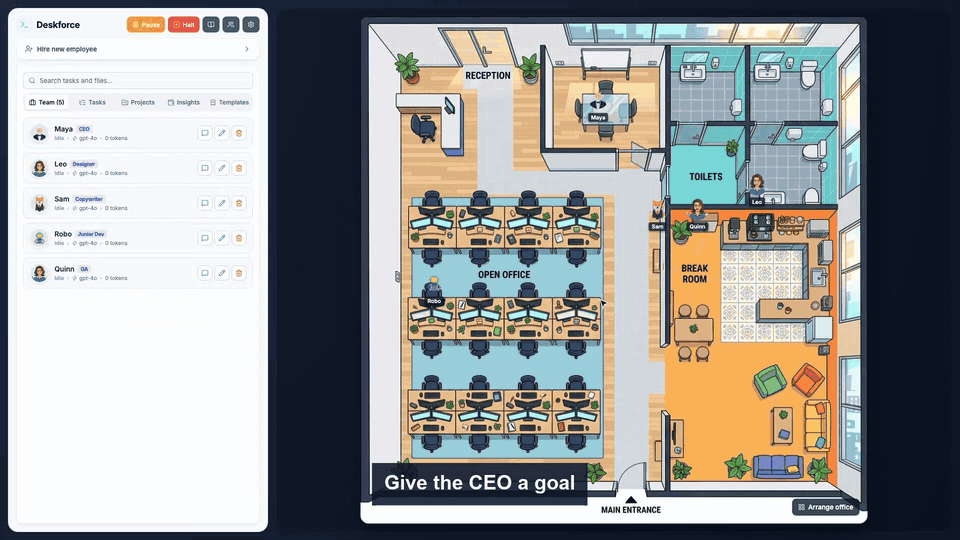 A real run: the CEO plans a bakery website, the team builds it, and the result opens in a preview